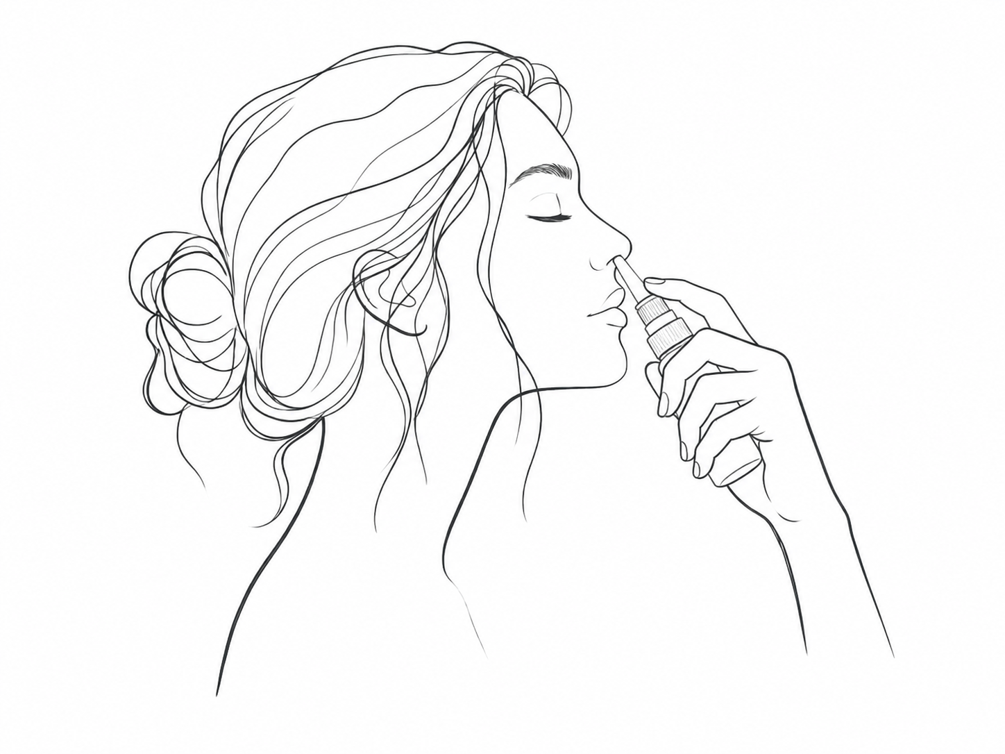 Line drawing of a woman using the mist, eyes closed.