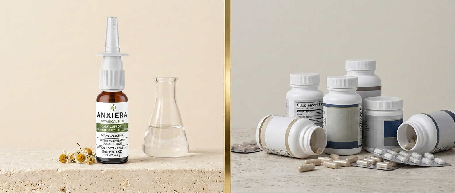 The Anxiera amber mist bottle and saline flask on the left, a cluttered pile of capsule bottles on the right.