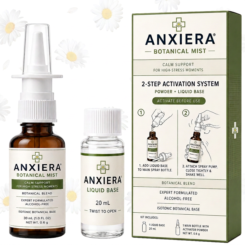 Anxiera Botanical Mist kit: amber spray bottle, 20 mL liquid base and 2-step kit carton