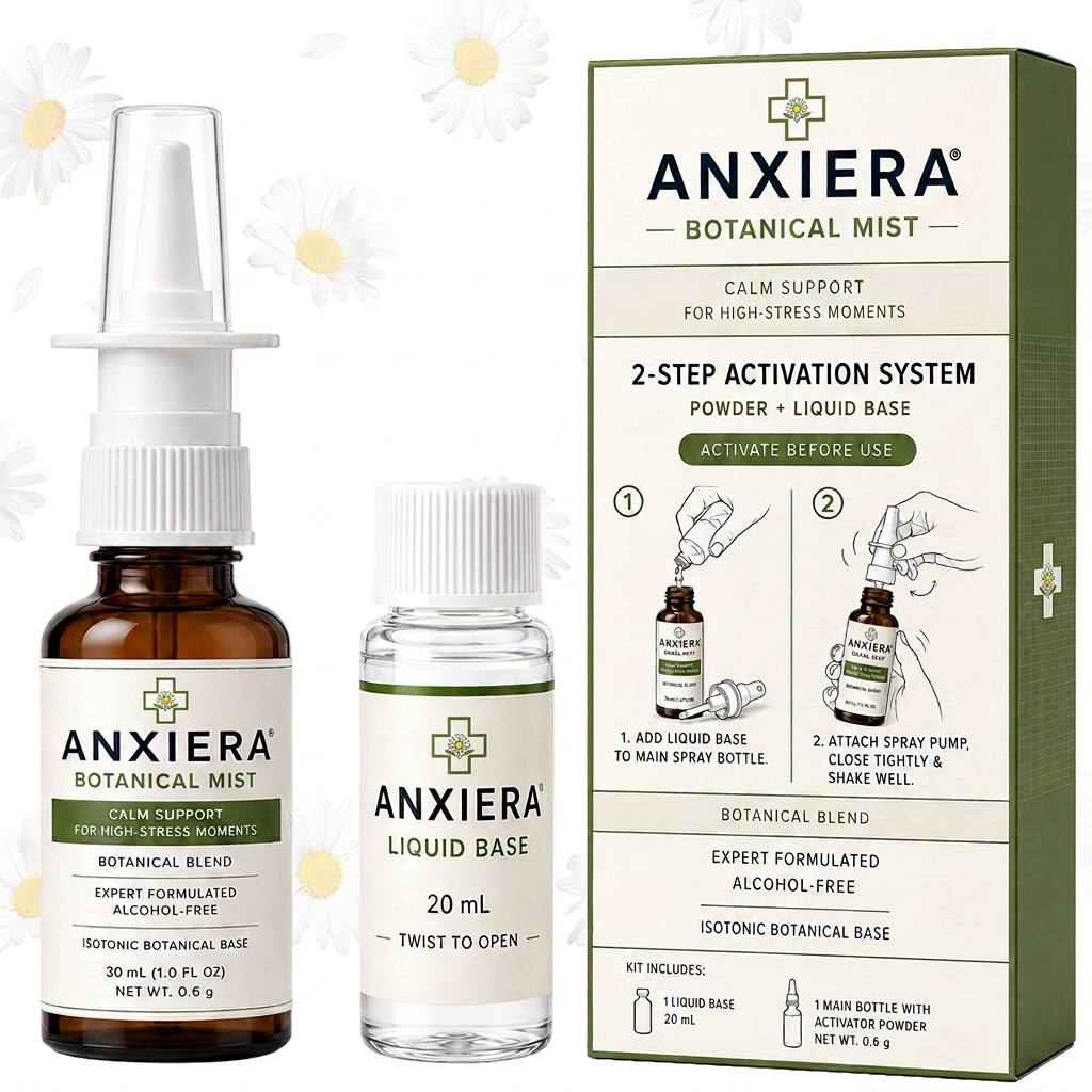 The authentic Anxiera Botanical Mist kit with amber mist bottle, liquid base and product box.